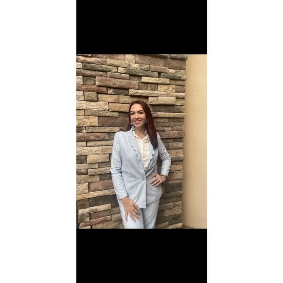 REBECCA TAYLOR Light Blue 70s Rickrack Trim Double Breasted Slub Jacket Blazer 8 - Picture 16 of 16